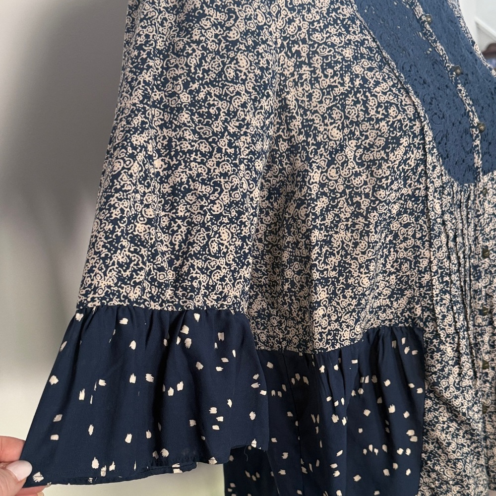Anthropologie Navy and White Mixed-Print Crochet Yoke Blouse - Picture 3 of 9